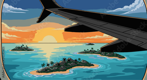 Airplane view of islands in ocean during sunset