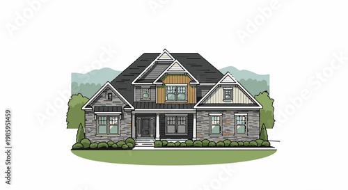 Artistic rendering of a stone and wood two-story residential home with a dark roof