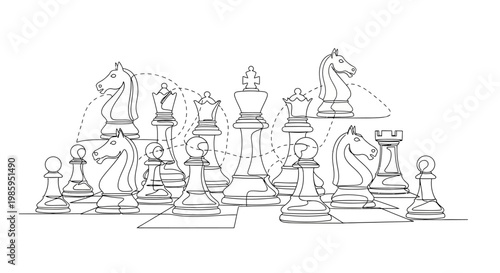 Chess Pieces Line Art - Strategic Game Play and Intellectual Challenge