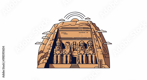 Ancient carved rock monument with figures and sky