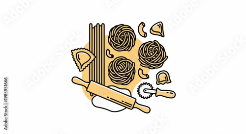 Assorted pasta shapes, rolling pin, and dough cutter on white background