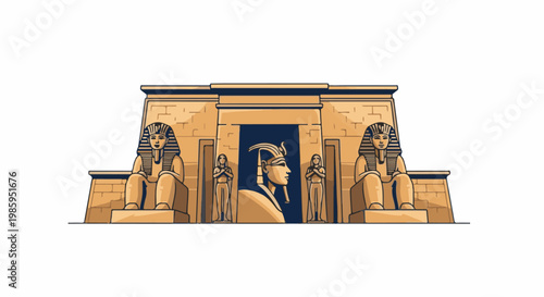 Ancient Egyptian monument with sphinxes and pharaoh statue