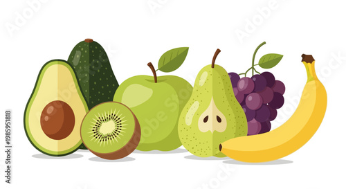 Vector illustration shows a colorful assortment of fresh fruit including avocados, apples, kiwis, pears, grapes and a banana, lined up against a clean white background with bright, cheerful