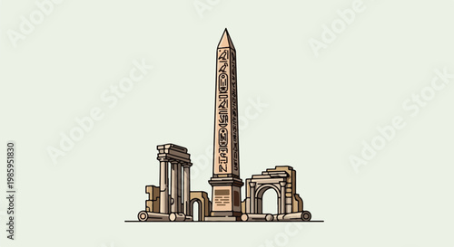 Ancient Egyptian obelisk and Roman ruins with hieroglyphs and arches