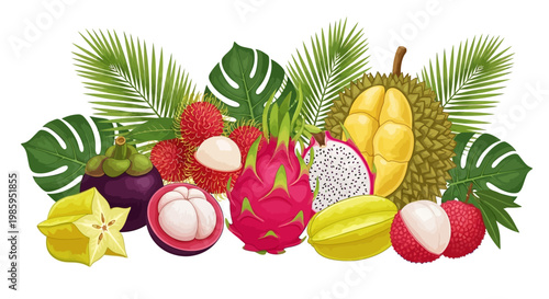 A vibrant assortment of tropical fruits including dragon fruit, mangosteen, lychee, durian, and star fruit are arranged with palm leaves in a colorful and detailed vector illustration