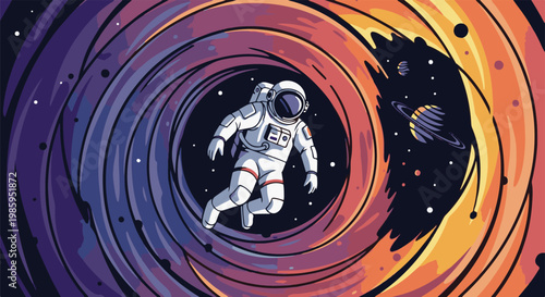 An astronaut floats in the center of a swirling cosmic vortex with planets