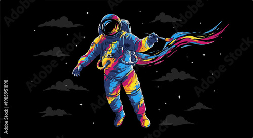 An astronaut paints with vibrant colors in the starry, cloudy expanse of space