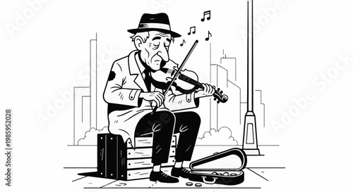 An elderly man in a hat plays his violin for city passersby