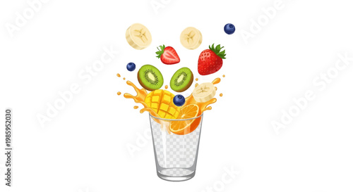 Vibrant illustration of assorted fruit slices dynamically splashing into a clear glass against a clean white background, creating a fresh and energetic composition with bright, saturated