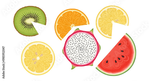 Flat lay of sliced kiwi, orange, lemons, dragon fruit, and watermelon creating a colorful and refreshing composition, set against a clean white background, evoking a vibrant and summery