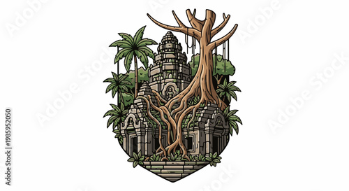 Ancient temple ruins overtaken by massive tree roots and jungle foliage