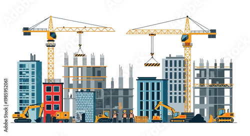 A detailed illustration of a bustling urban construction site with numerous cranes, buildings, heavy machinery, and workers actively engaged in development.