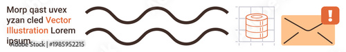 Communication, technology, data storage, information transfer, warning systems, messaging alerts. Wavy lines, data stack and envelope with exclamation mark. Communication and technology concept