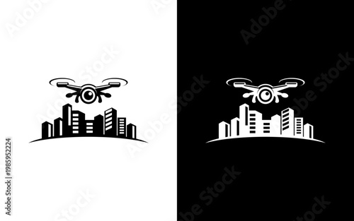 Drone Surveillance Over City Skyline Logo, Modern Quadcopter with Camera Icon for Real Estate Photography and Smart City Technology