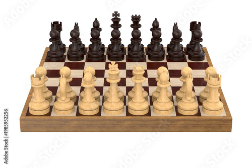Wooden chess pieces on board on white background. Isolated 3D illustration