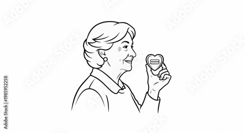 An elderly woman in profile holds a heart-shaped object with an equal sign