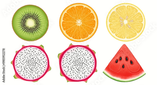 Overhead vector illustration of sliced fruits including kiwi, orange, lemon, dragon fruit, and watermelon arranged against a clean white backdrop to create a bright, vibrant, and colorful
