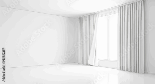 An empty, bright white room with light filtering through sheer curtains
