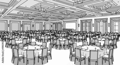 An expansive banquet hall is filled with rows of round tables and chairs