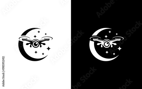 Night Drone Photography Logo, Quadcopter with Crescent Moon and Stars Icon, Aerial Surveillance at Night Vector Illustration