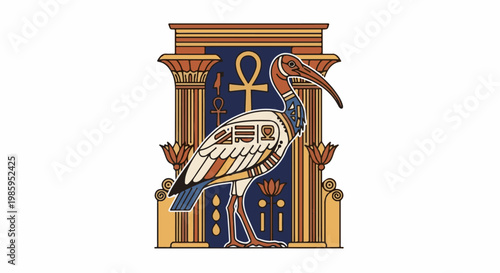 An Ibis bird stands before an ancient Egyptian column with hieroglyphs