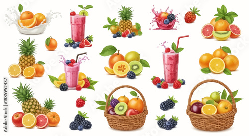A colorful assortment of fresh fruits including pineapples, oranges, berries, and smoothies are arranged in a vibrant, digitally illustrated collection against a clean white background