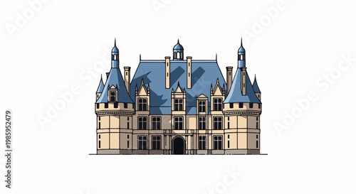 An illustrated drawing of a large, old castle with blue roofs and tan walls