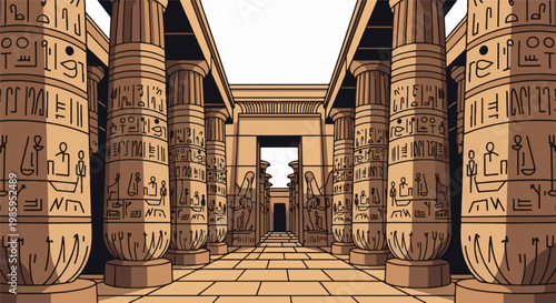 Ancient Egyptian temple corridor with hieroglyph-covered columns and statues