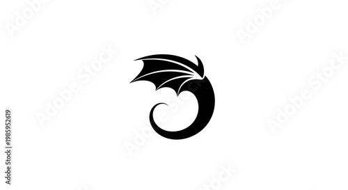 Stylized Dragon Silhouette with Wing and Curled Tail on White Background