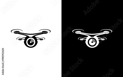 Modern Curved Drone Logo, Quadcopter with Wide Camera Lens Icon, Aerial Photography and Technology Vector Illustration