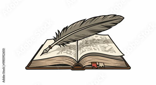 An open book with a quill pen poised for writing, illustrating literature