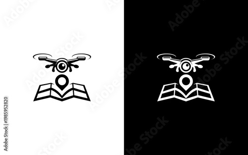 Drone Mapping and Navigation Logo, Quadcopter with Map and Location Pin Icon, Aerial Survey and GPS Service Vector Illustration