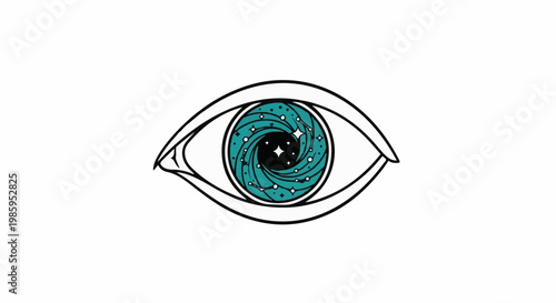 An stylized eye with a swirling galaxy pupil and small stars