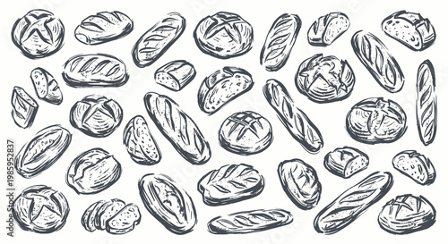 Sourdough bread vector illustration drawing set: collection of vintage rustic hand drawn sketch style artisan homemade bakery boule baguette and slices graphics for background pattern
