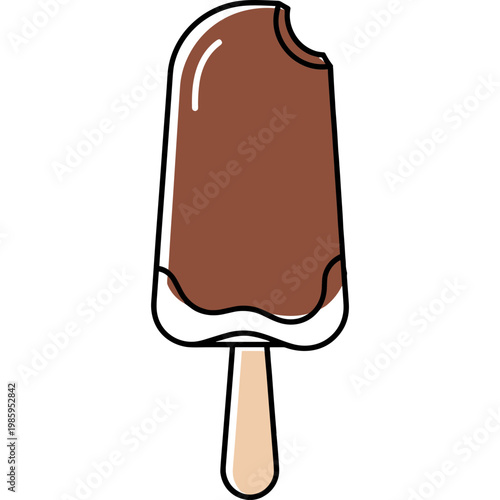 A delicious chocolate ice cream popsicle is being enjoyed outdoors on a stick.