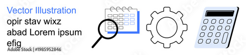 Business management, analysis, productivity, workflow, financial planning, organization. Calendar, magnifying glass gear and calculator icons. Business management and analysis concepts