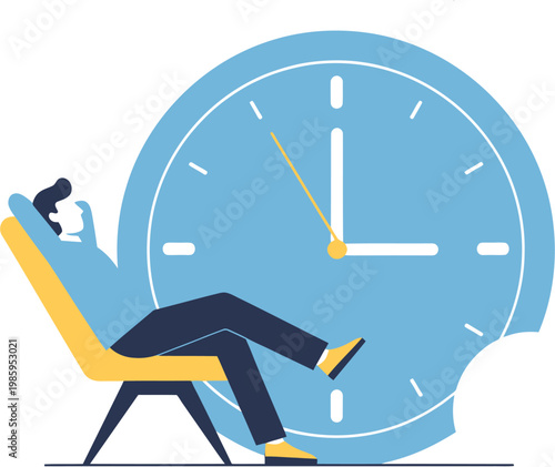 Conceptual flat design illustration of a person relaxing in a chair with a clock, symbolizing the concept of effective time management and maintaining a healthy work-life balance