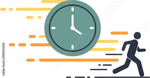 Dynamic illustration of a person running quickly alongside a speeding clock, symbolizing urgent deadlines, time management, and the rapid pace of progress and efficiency