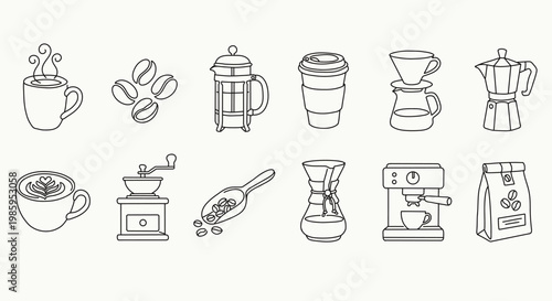 Set of coffee line icons including cup, beans, grinder, espresso machine, moka pot and brewing tools. Minimal outline style perfect for cafe, barista, restaurant and coffee branding design