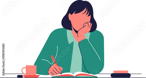 Woman sitting at a desk, resting her chin on her hand, writing in a notebook with a pen, with a coffee mug nearby, minimalist illustration