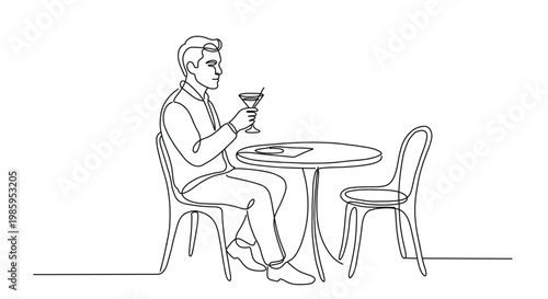Continuous line drawing of a man sitting at a cafe table drinking a cocktail. Minimal line art illustration representing relaxation, lifestyle, bar and social concept