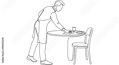 Minimal line art illustration of a waiter wiping and cleaning a table in a restaurant. Hospitality, service and hygiene concept. Perfect for restaurant, cafe and cleaning service design