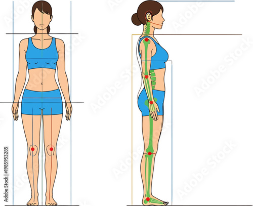 Anatomy illustration of a human body showing skeletal structure and posture alignment