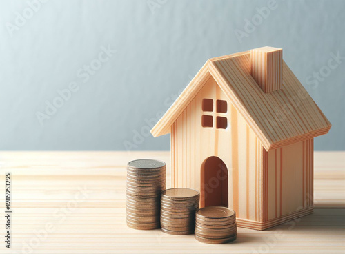 Wooden House with Coin Stacks — Real Estate Investment and Mortgage Growth Concept