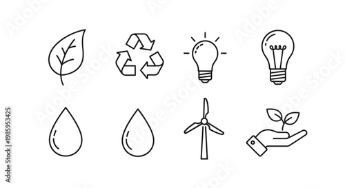 Eco friendly icons leaf recycle lightbulb waterdrop wind turbine plant