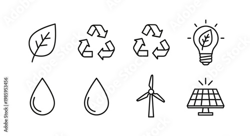 Eco friendly icons leaf recycling bulb water drop wind turbine solar panel