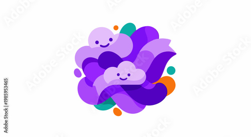 Abstract purple swirls and shapes with cute smiling cloud characters