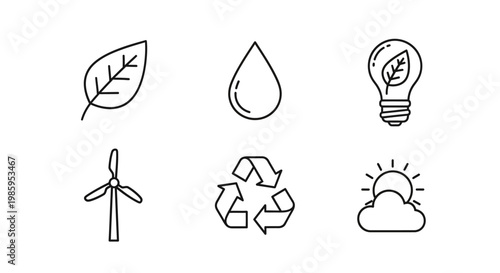 Eco friendly icons leaf water drop light bulb wind turbine recycle symbol