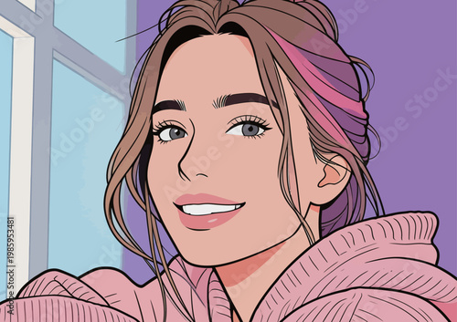 Stylish Woman in Pink Sweater with Buns Hairstyle