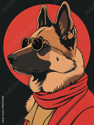 German Shepherd Dog with Sunglasses and Red Scarf
